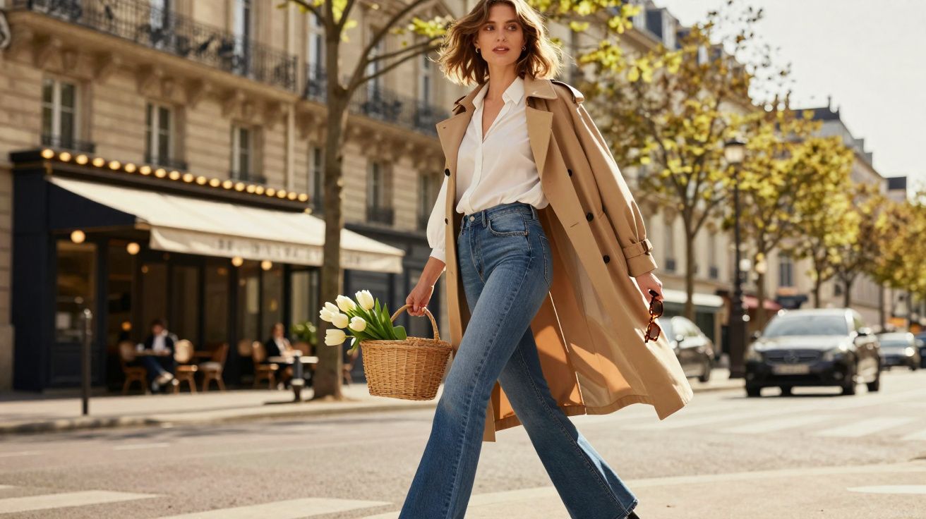 Mulher caminhando na rua com casaco bege, camisa branca, jeans e cesta com flores brancas.
