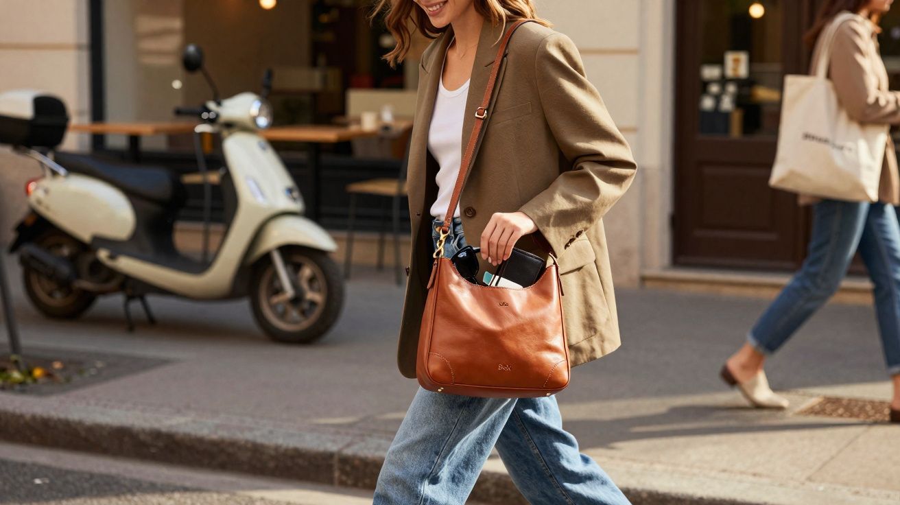 Mulher sorridente caminhando na rua com blazer bege, jeans e bolsa marrom transversal.