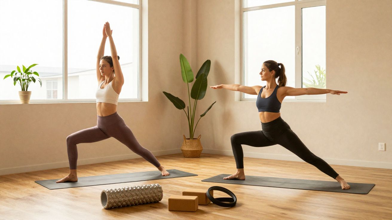 Duas mulheres praticando yoga em um ambiente iluminado com plantas e acessórios de exercício no chão.