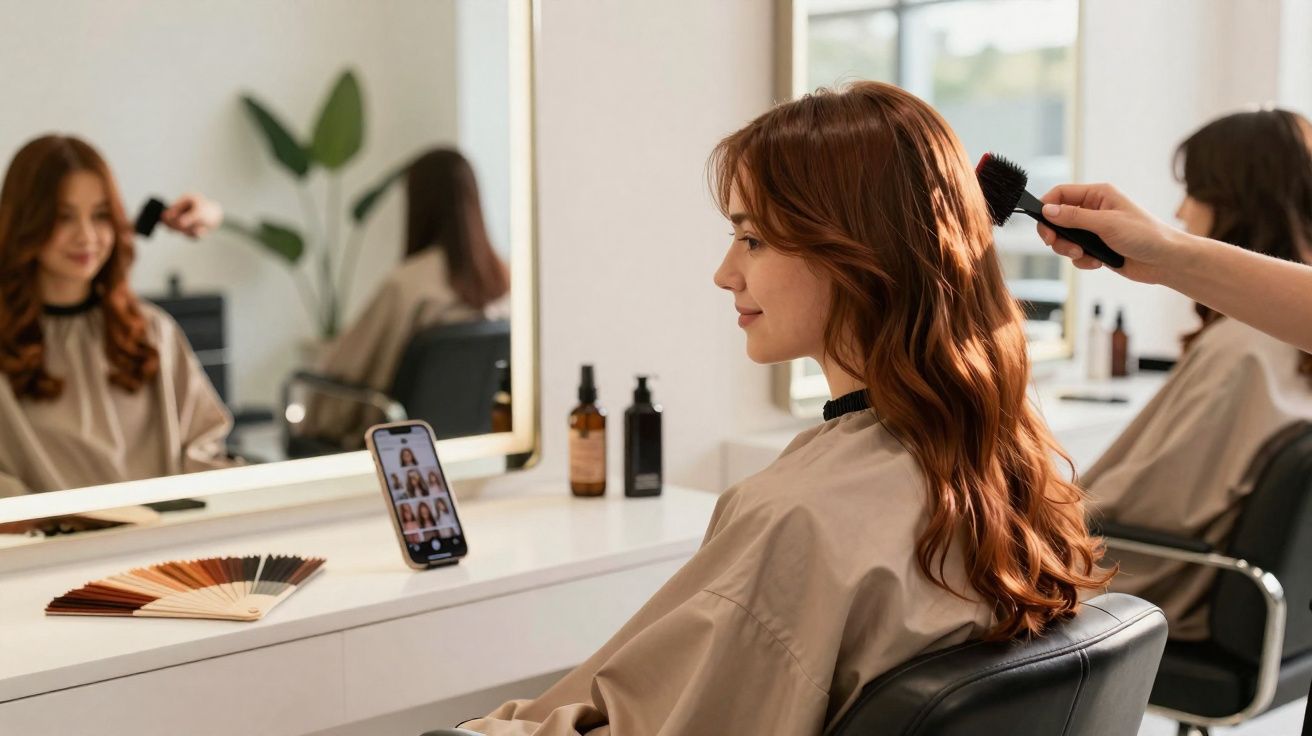 Mulher sorrindo sentada em salão de beleza enquanto profissional penteia seu cabelo ruivo encaracolado.