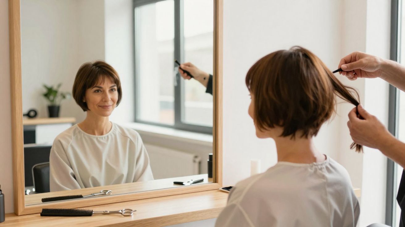 Mulher com cabelo curto sentada em frente a espelho em salão de beleza, cabeleireiro segura mecha do cabelo.