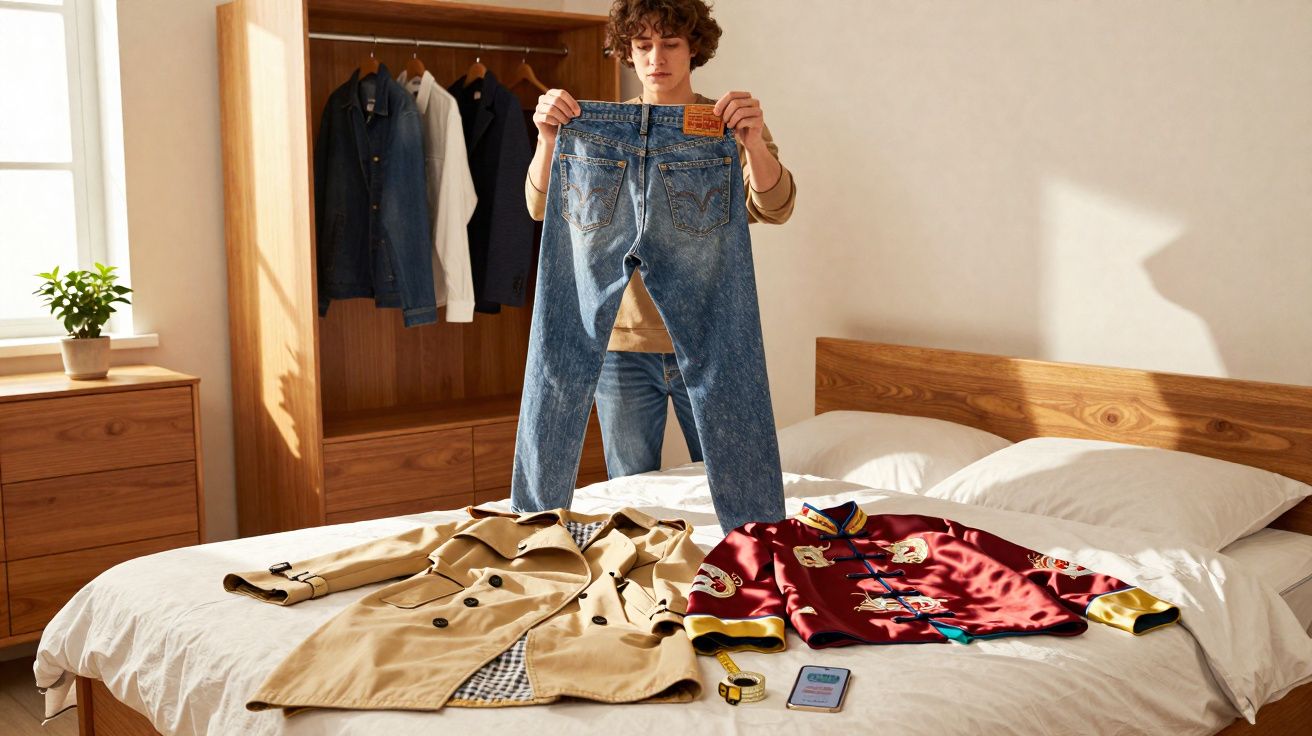 Pessoa segurando calça jeans azul em quarto com roupas sobre cama e armário ao fundo iluminado pelo sol.