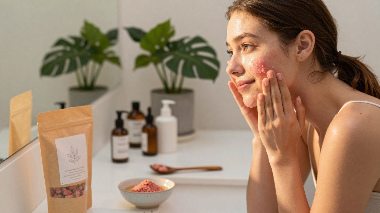Mulher aplicando esfoliante facial em casa, com produtos de skincare e plantas ao fundo.