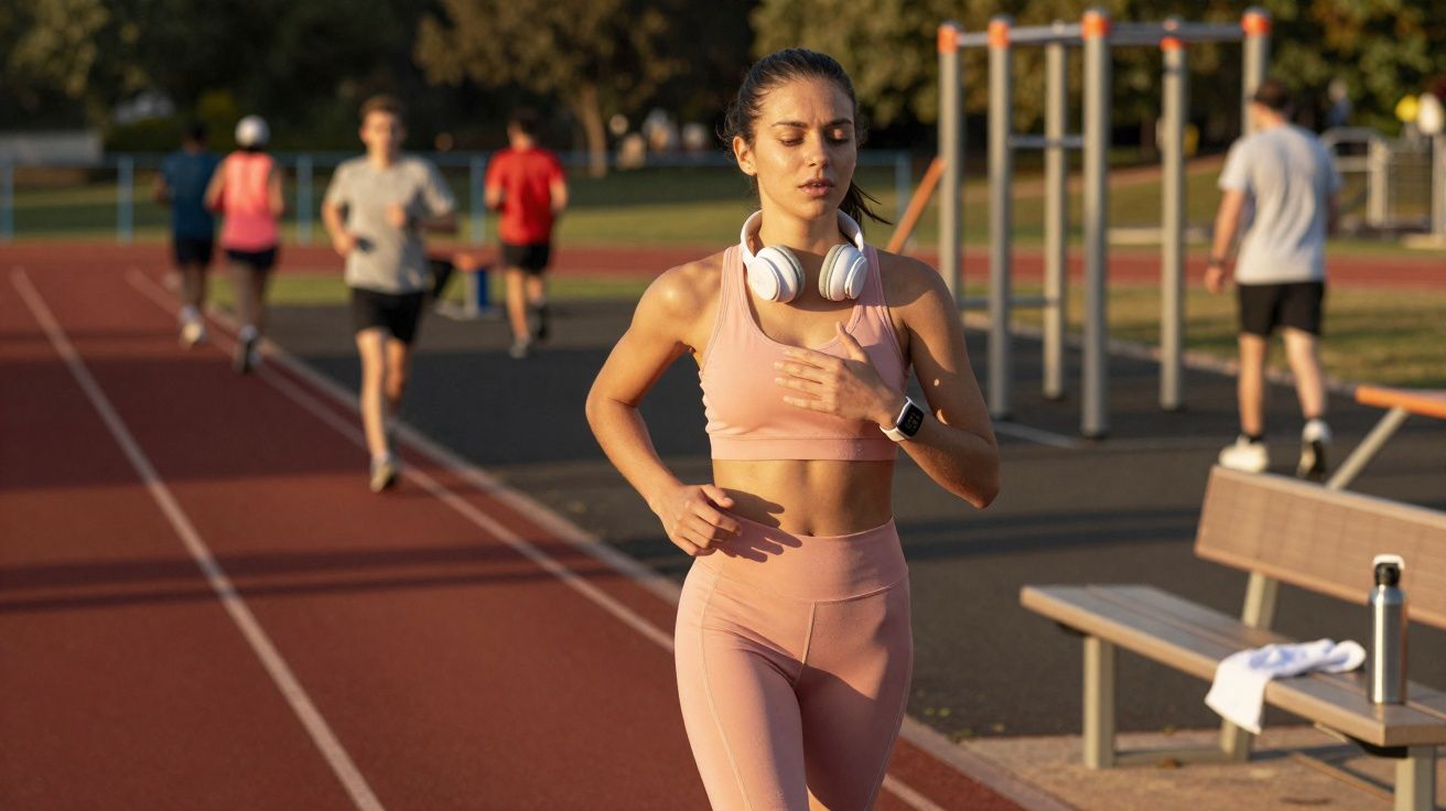 Mulher correndo em pista ao ar livre com fones brancos e roupa rosa claro ao entardecer.