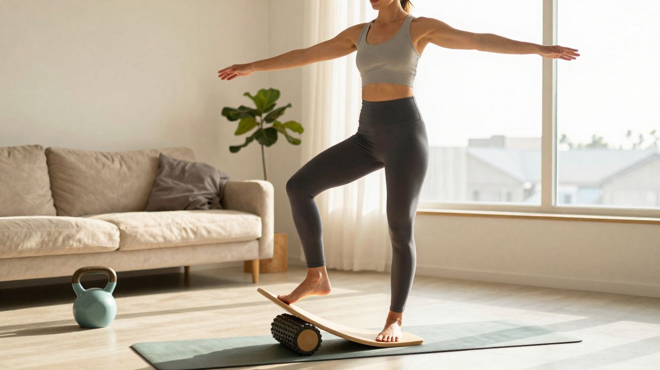 Mulher equilibrando-se em prancha sobre rolo de espuma em sala iluminada e com kettlebell ao lado.