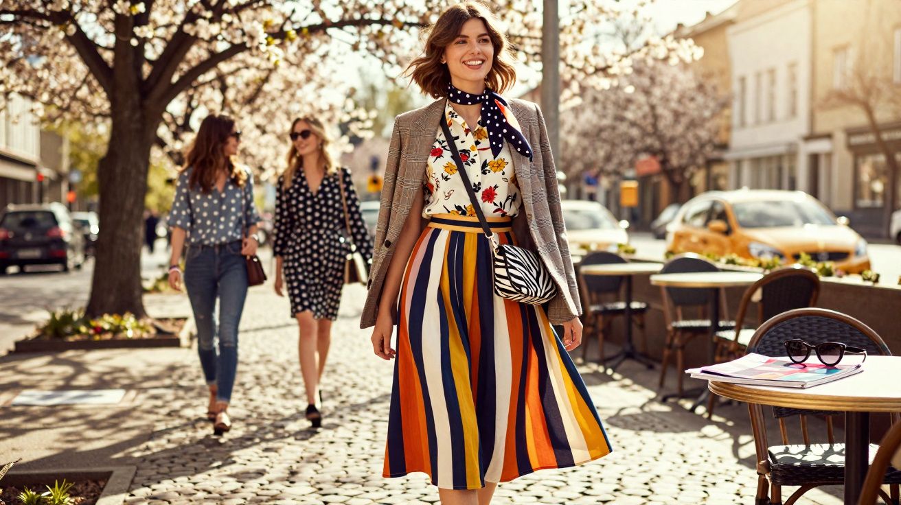 Mulher sorridente vestindo saia listrada e blusa florida caminhando em rua com árvores floridas.