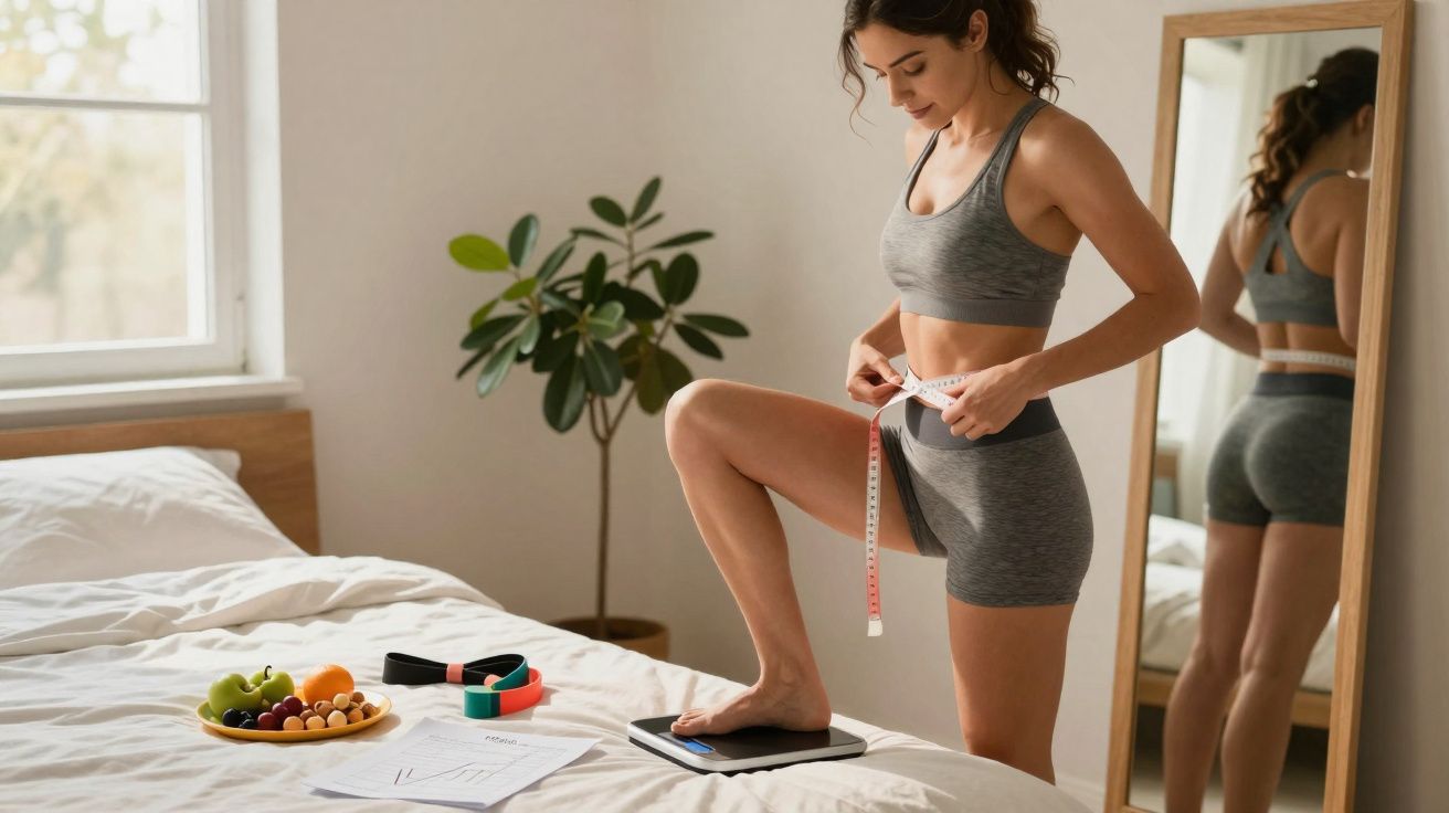Mulher vestida com roupas esportivas medindo a cintura enquanto está em cima de uma balança.