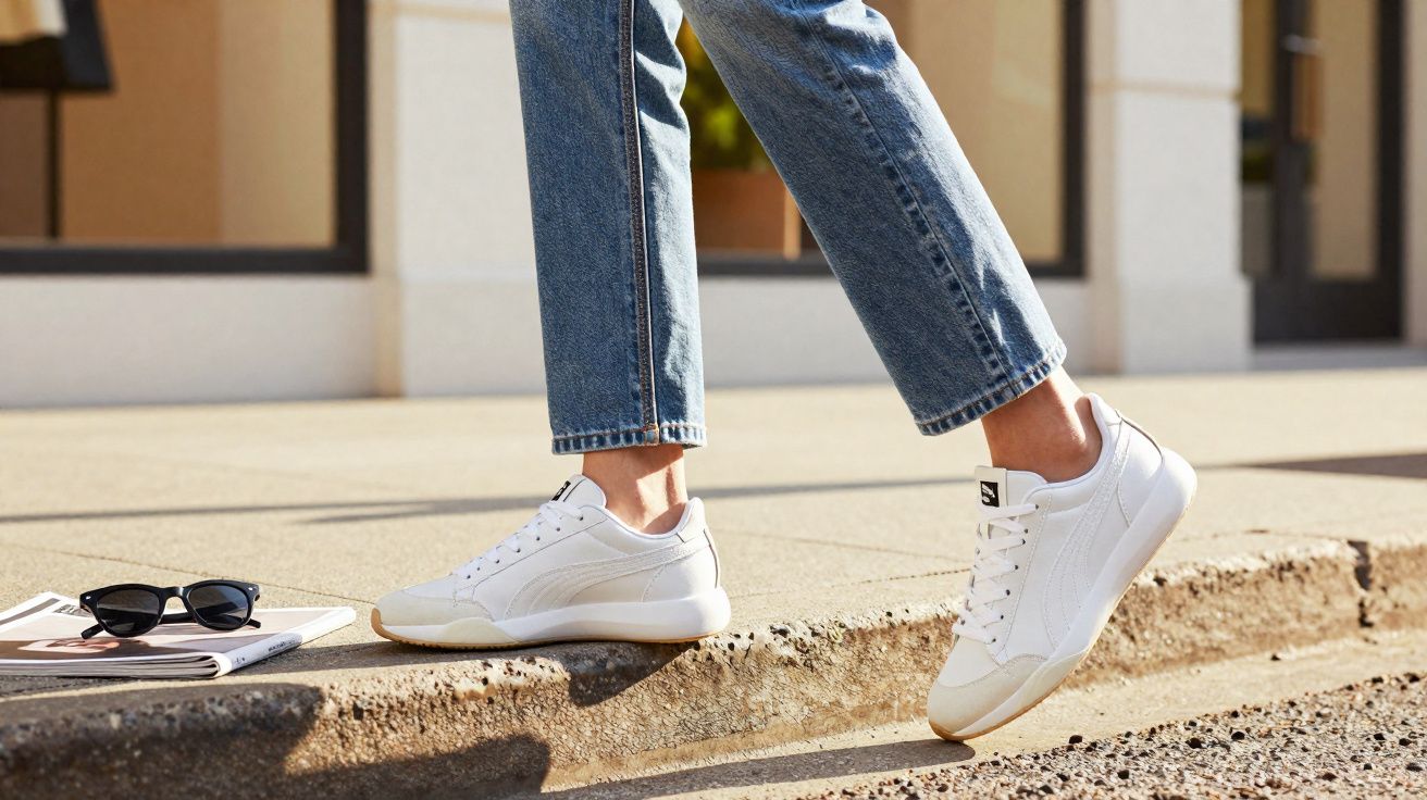 Pessoa usando tênis branco e jeans, caminhando na calçada ao lado de jornal com óculos escuros.
