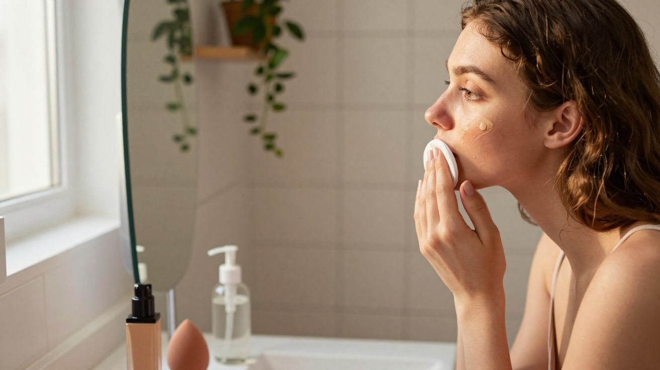 Mulher aplicando produto facial com algodão em frente ao espelho no banheiro iluminado pela luz do dia.
