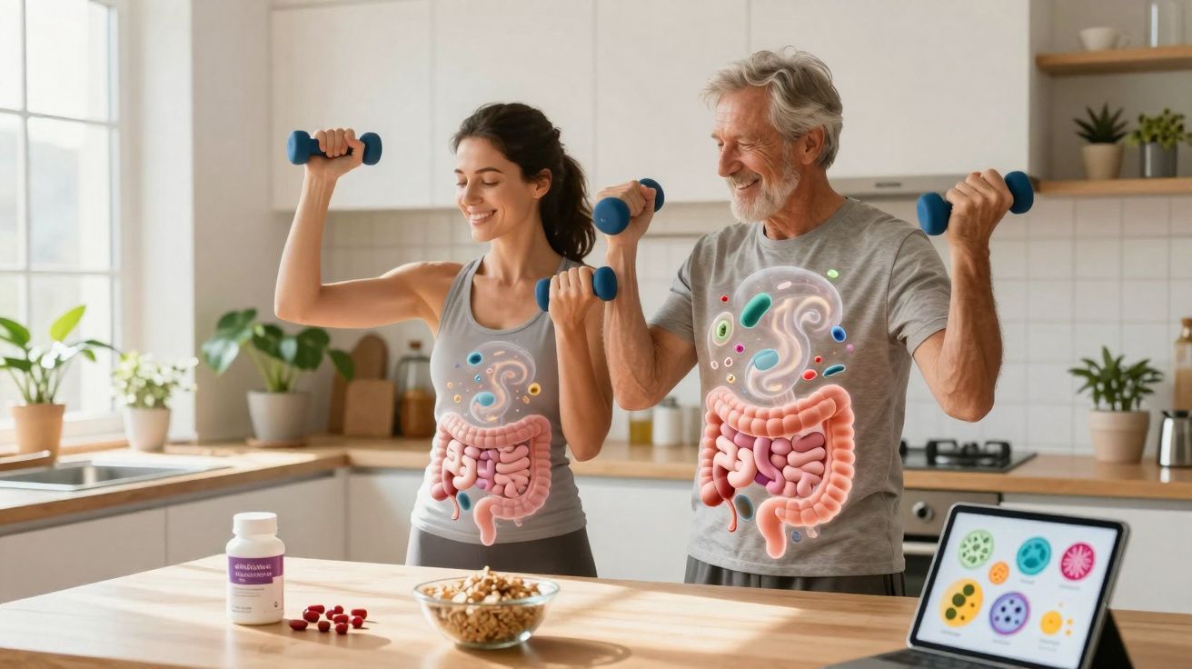 Homem e mulher fazendo exercícios com halteres em casa, com ilustração do sistema digestivo sobre seus corpos.