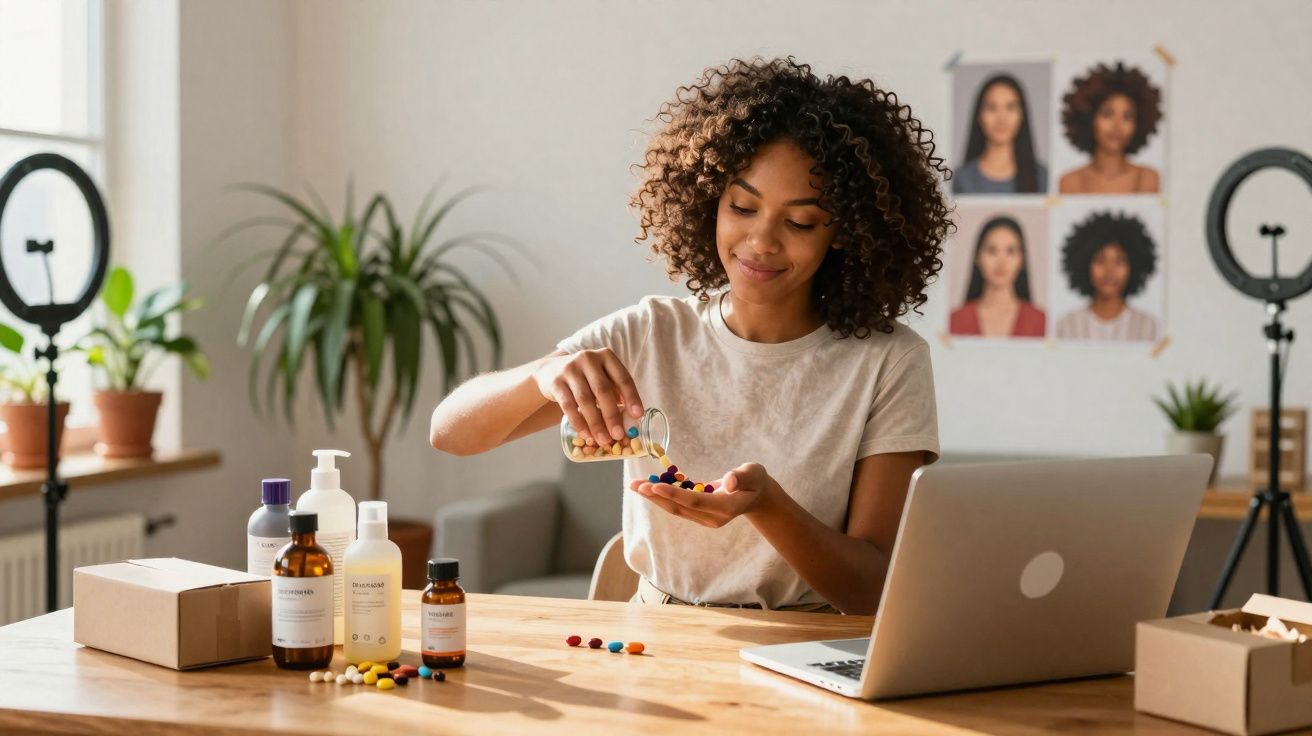 Mulher sorrindo despeja cápsulas coloridas na mão em mesa com laptop e frascos de produtos.
