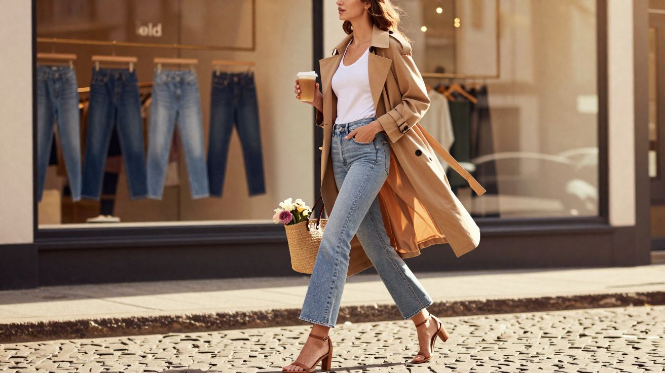 Mulher caminhando na rua com trench coat, jeans, blusa branca, sandálias e segurando café e bolsa com flores.