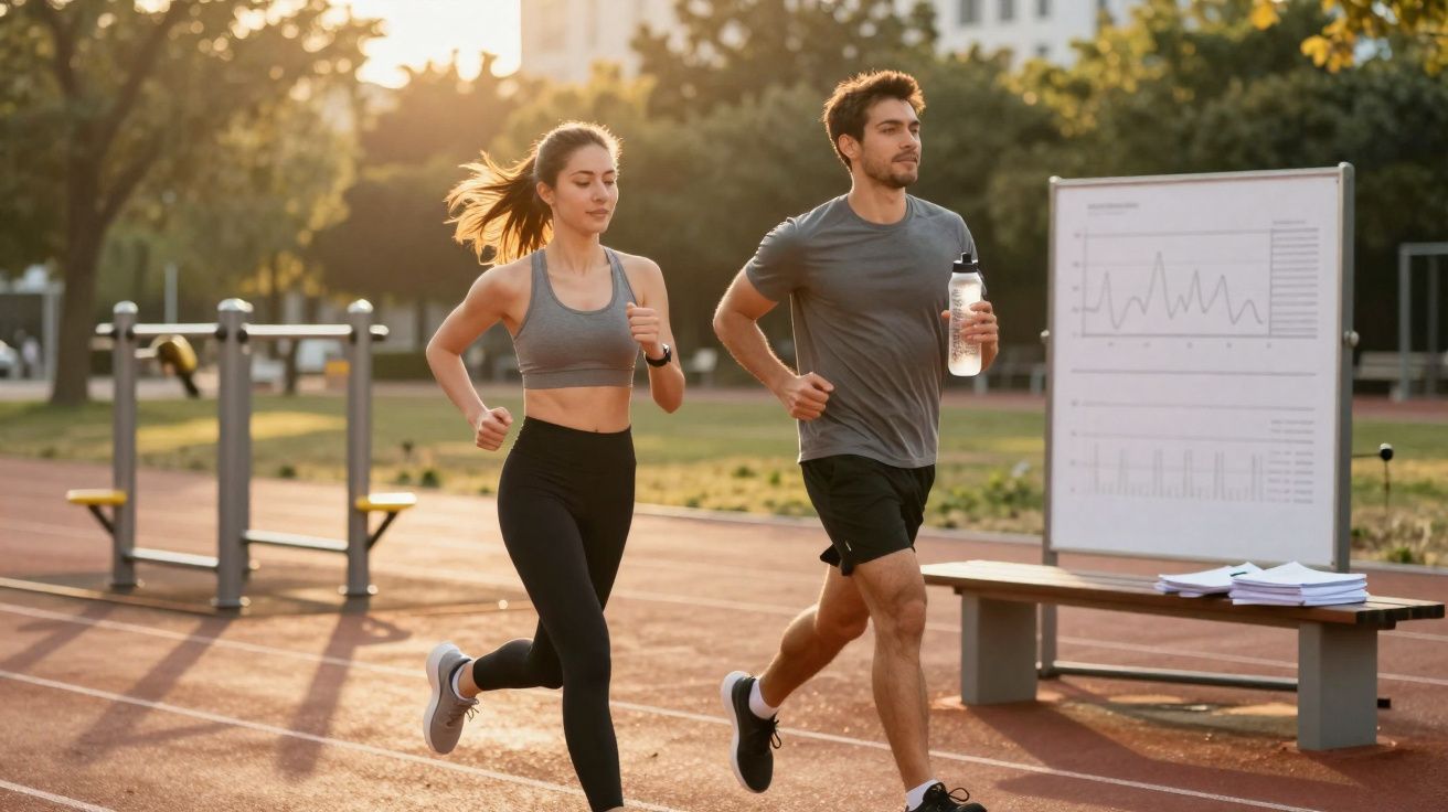 Homem e mulher correndo em pista de atletismo ao ar livre durante o dia, com equipamentos e quadro ao fundo.