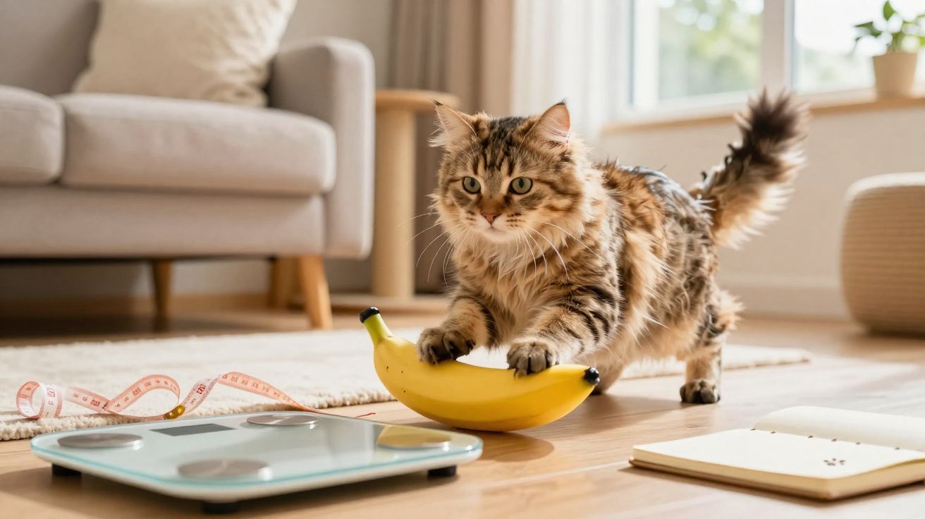 Gato fofo com pelo longo segurando uma banana em uma sala com balança e caderno no chão.