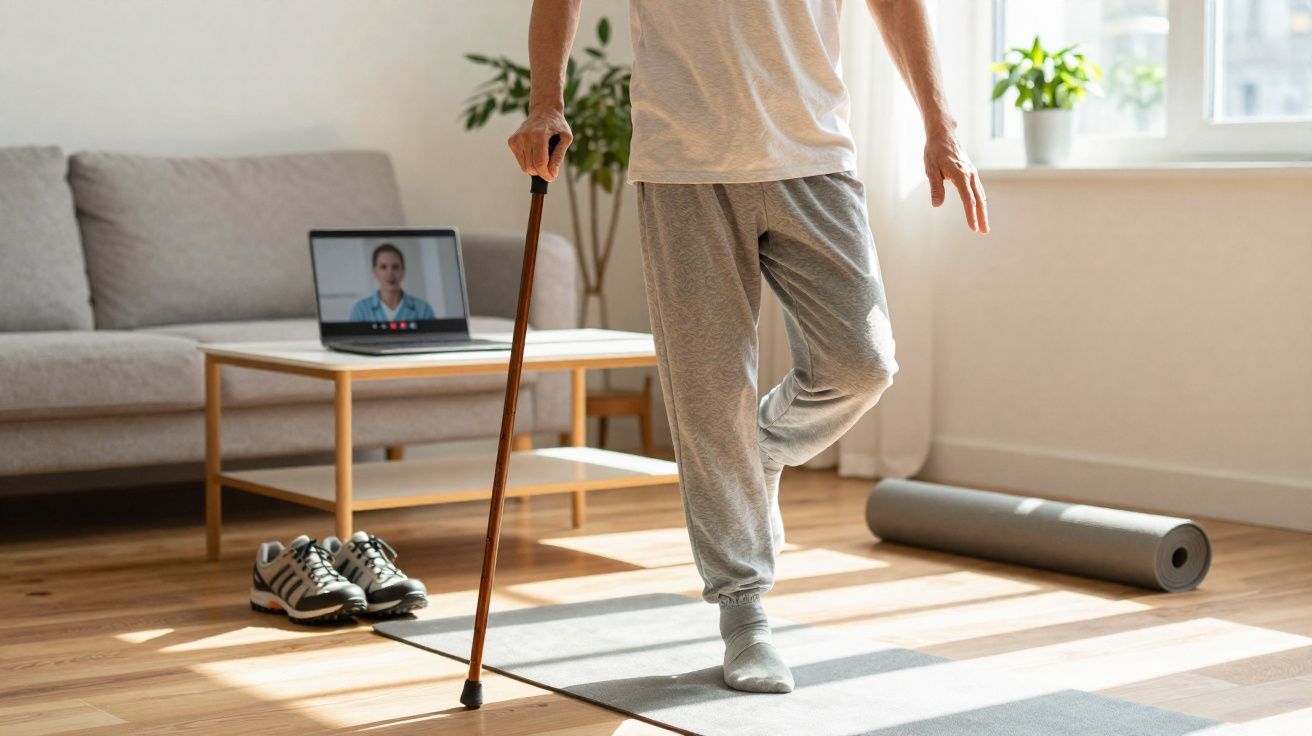 Pessoa fazendo fisioterapia com bengala em casa, seguindo orientação online de profissional na tela do notebook.