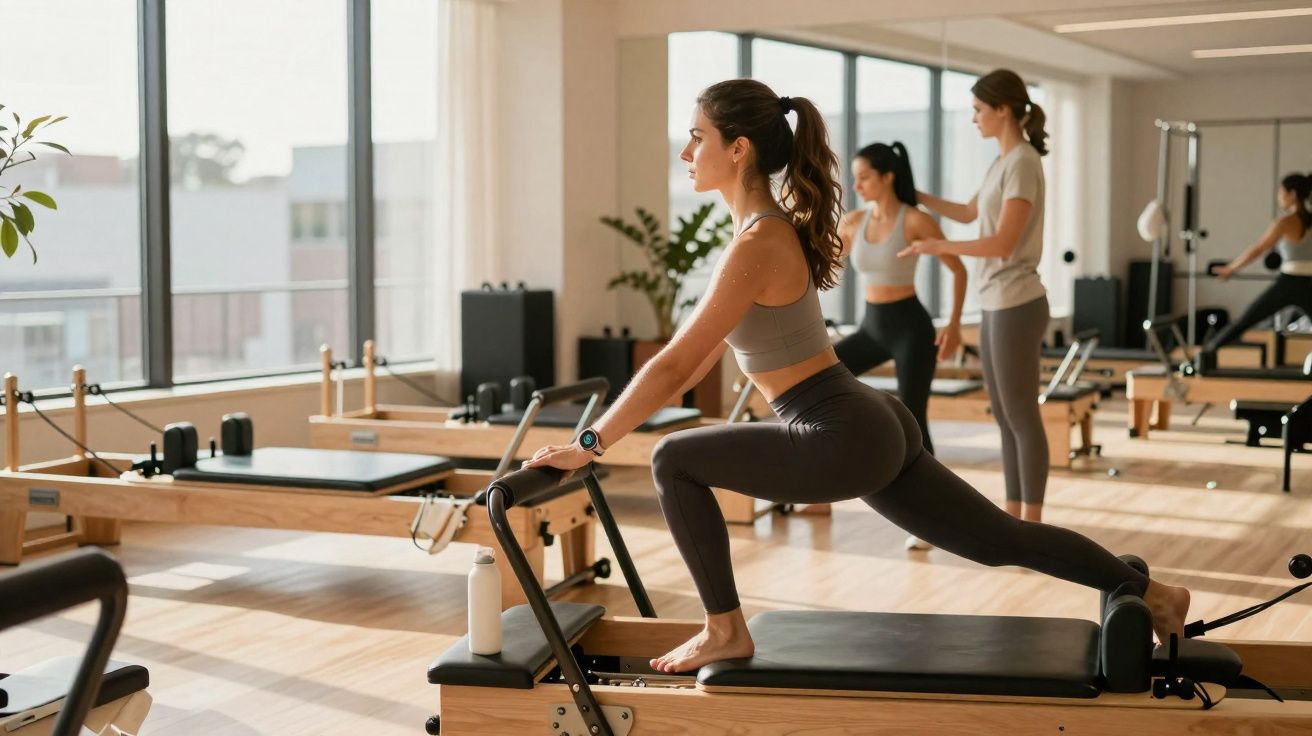Mulher se alongando em aparelho de pilates em estúdio com outras pessoas ao fundo.