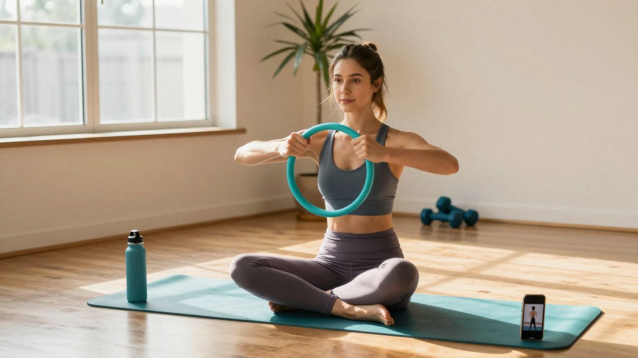 Mulher jovem praticando exercícios com aro em tapete de yoga em ambiente iluminado e tranquilo.