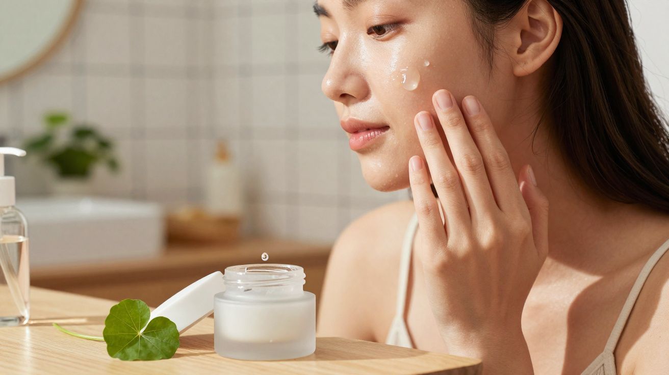 Mulher aplicando creme facial em ambiente claro com vaso e folhas sobre a mesa de madeira.