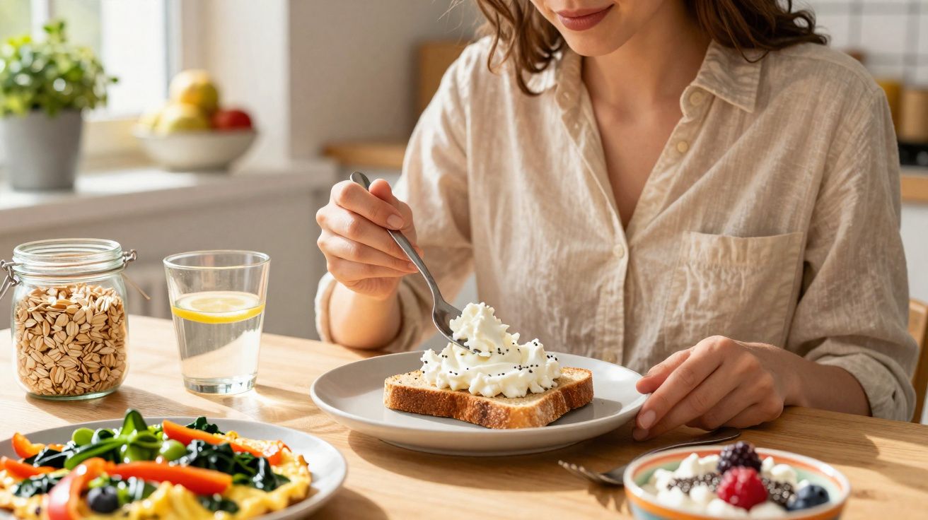 Mulher comendo torrada com creme e sementes, ao lado de pratos com salada e frutas na mesa.