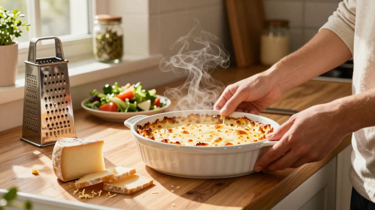 Pessoa segurando prato branco com lasanha quente fumegante em bancada de cozinha com queijo, ralador e salada.
