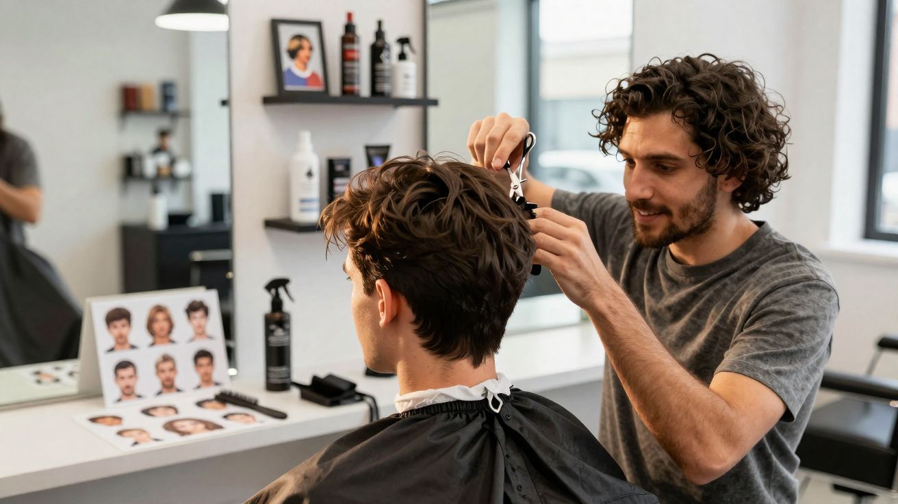 Cabeleireiro cortando cabelo de homem em salão moderno com espelho e produtos ao fundo.