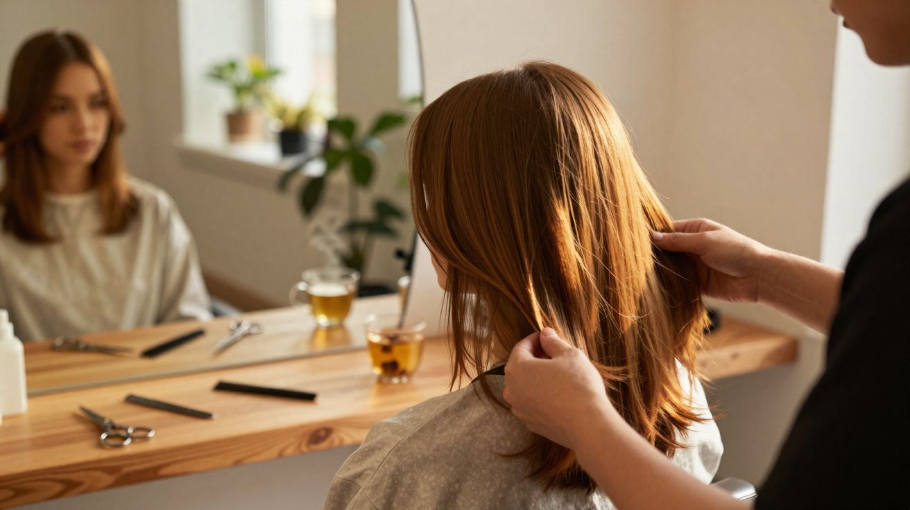 Pessoa sentada em cadeira enquanto cabeleireiro segura o cabelo liso dela em salão iluminado.