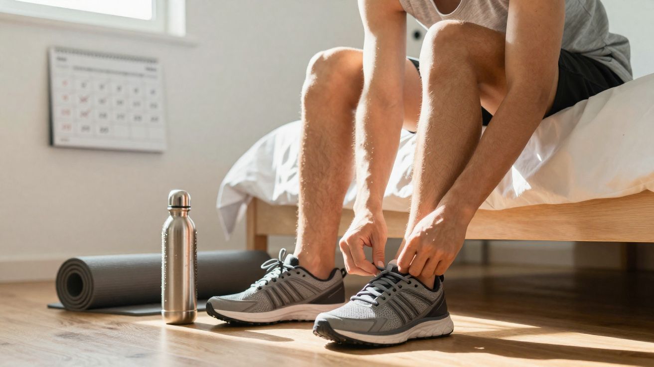 Pessoa sentada na cama amarrando tênis esportivo cinza em ambiente com tapete de yoga e garrafa metálica.