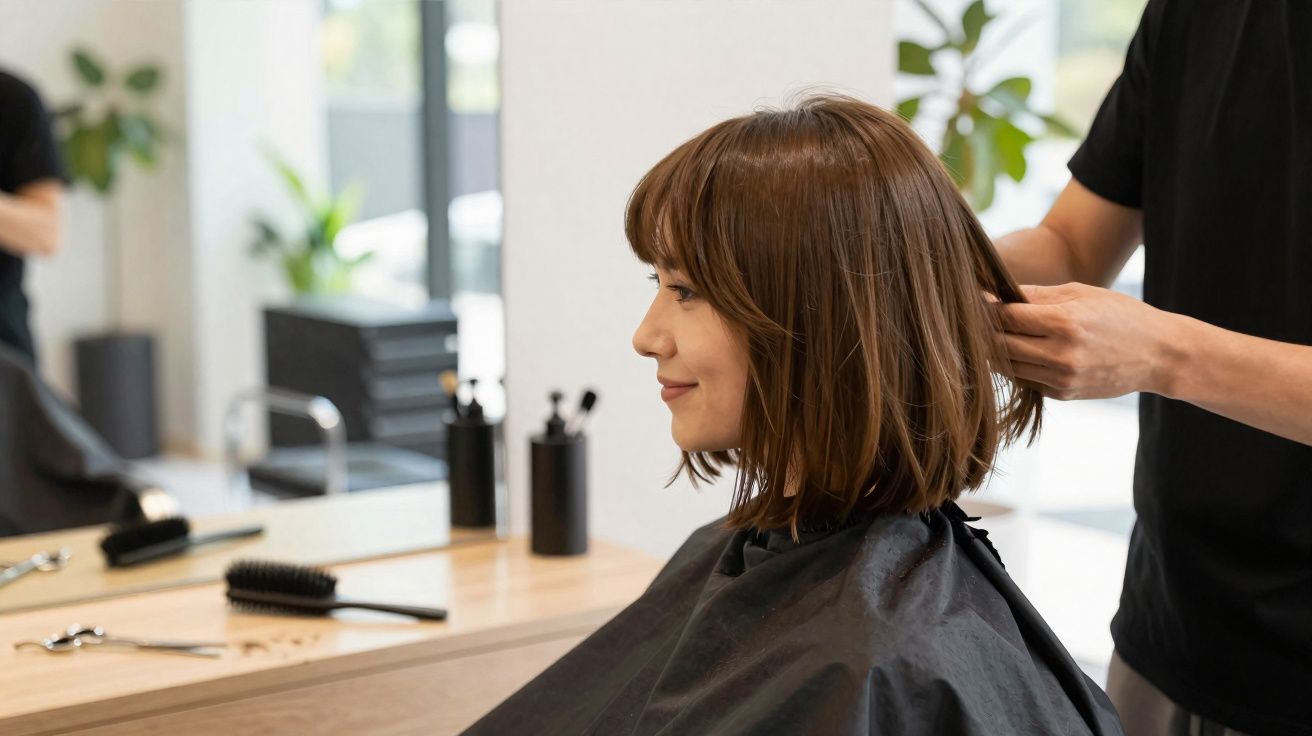 Mulher sorrindo durante corte de cabelo em salão moderno com cabeleireiro ao fundo.