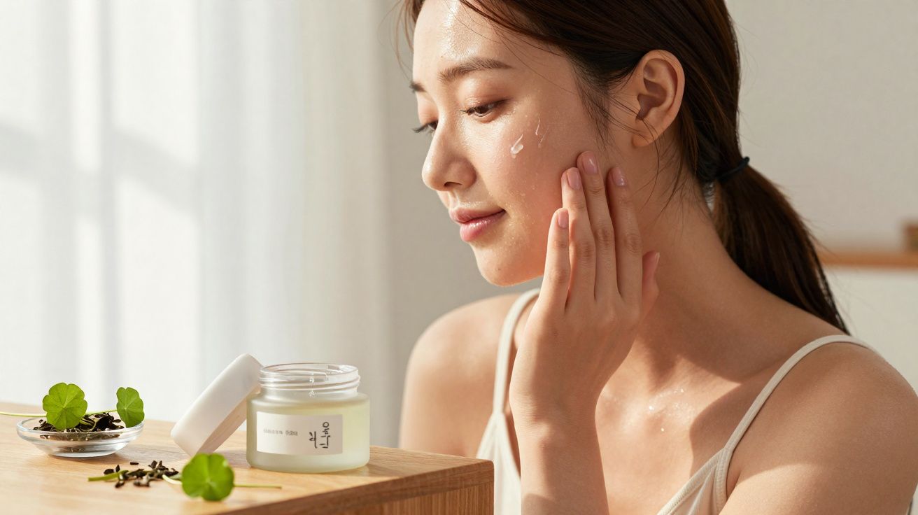 Mulher aplicando creme facial próximo a pote de cosmético com embalagem branca em ambiente iluminado.