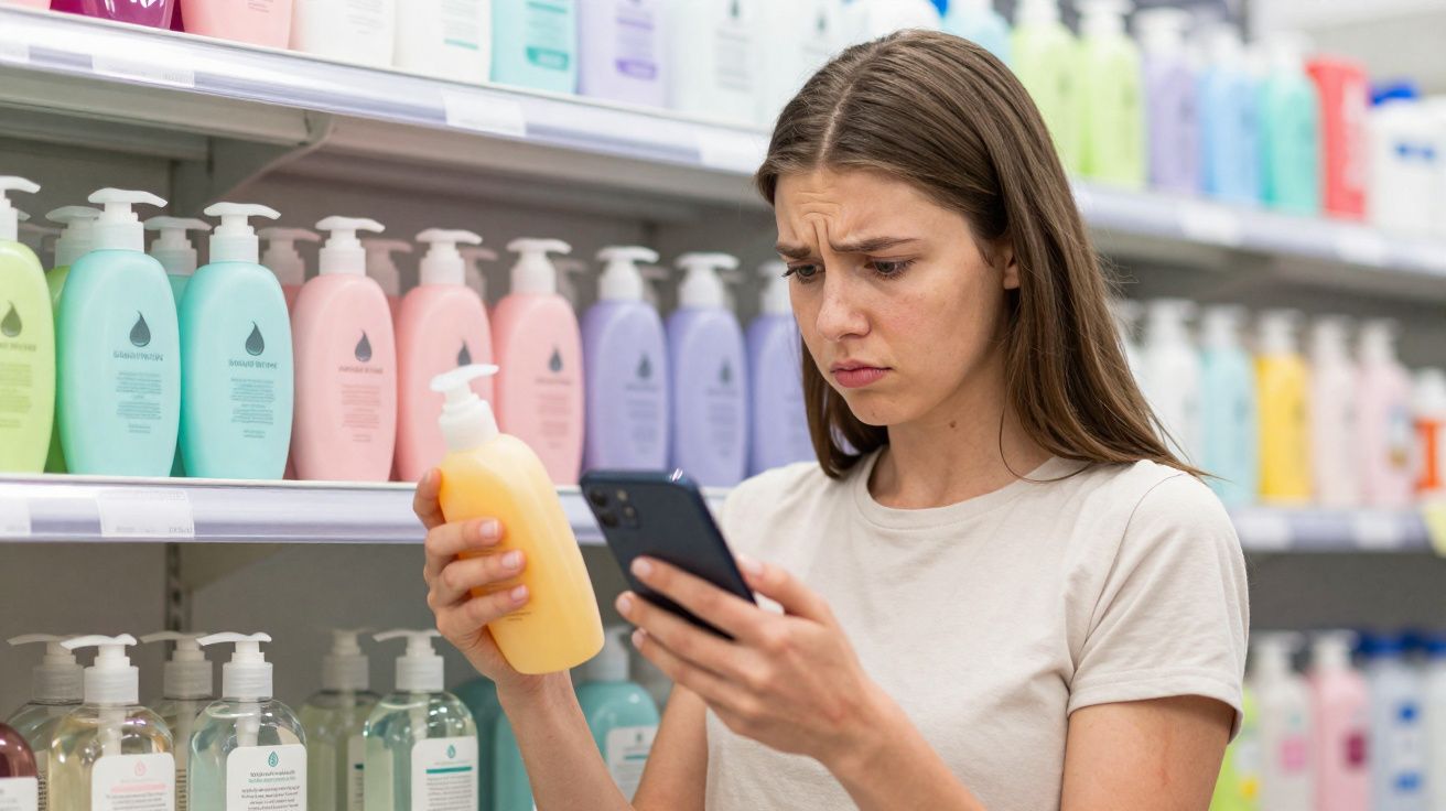 Mulher olhando confusa para um frasco no supermercado enquanto consulta o celular.