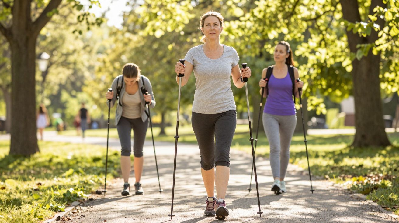 Três mulheres caminhando com bastões em parque ensolarado, rodeadas por árvores verdes.
