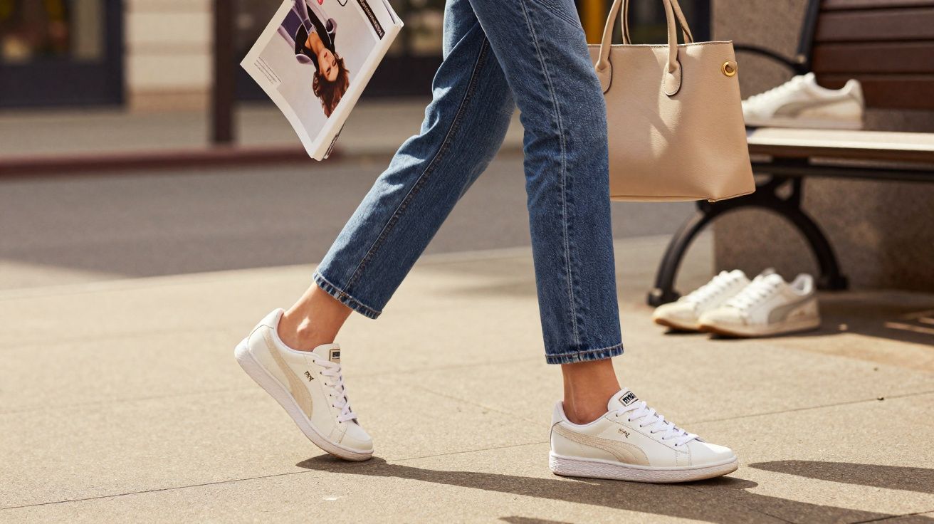 Pessoa andando de tênis branco, calça jeans azul, segurando bolsa bege e revista na mão.