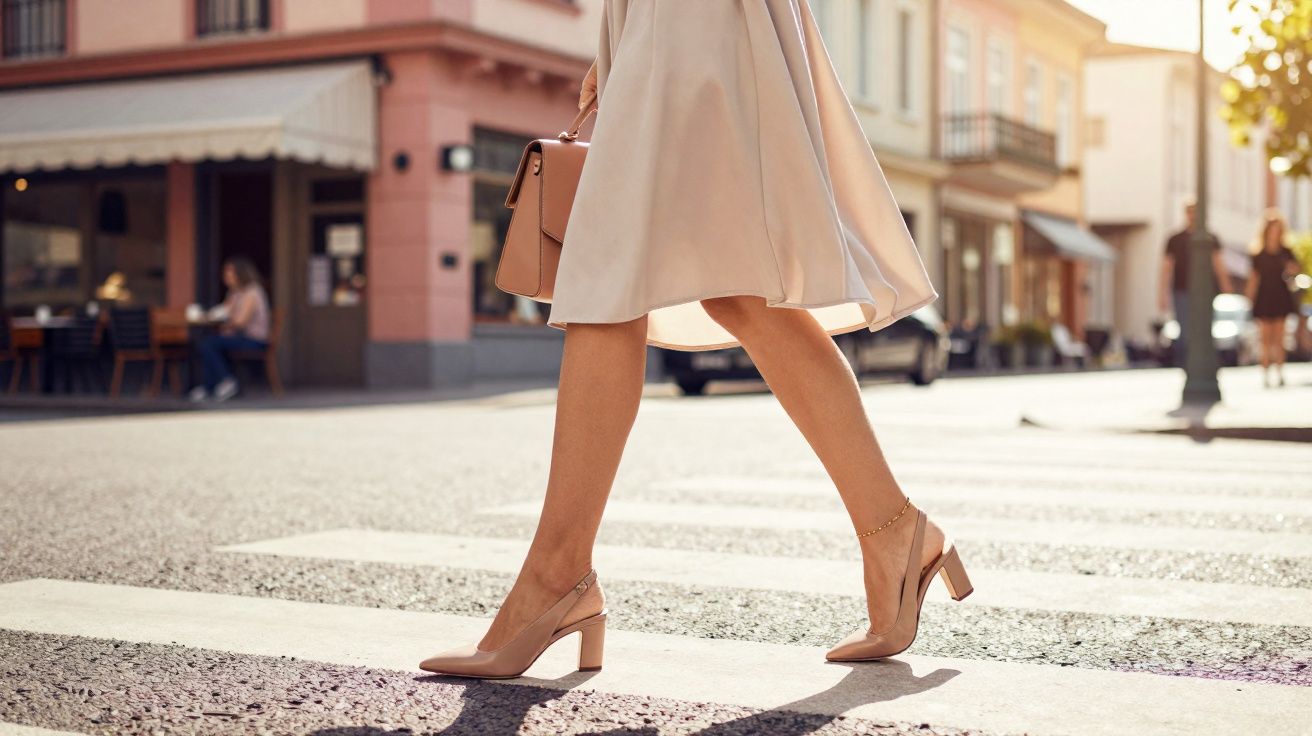 Pernas femininas com vestido bege e sapatos de salto médio caminhando em faixa de pedestres na cidade.