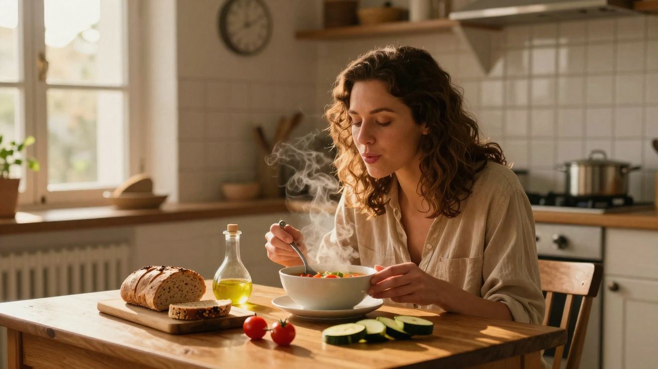 Mulher sentada à mesa em cozinha, saboreando sopa quente com pão, tomates e azeite ao redor.