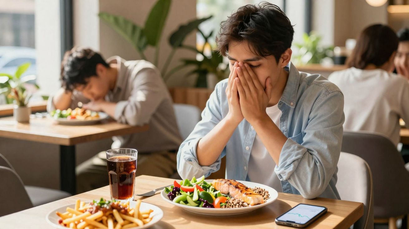 Homem sentado em restaurante, comendo saladinha, aparentando estar estressado ou com dor de cabeça.