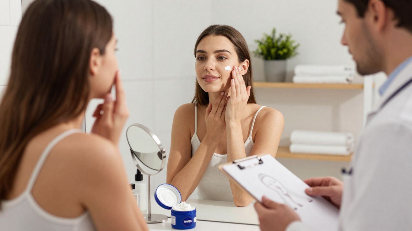 Mulher aplicando creme no rosto diante do espelho enquanto dermatologista observa com prancheta.