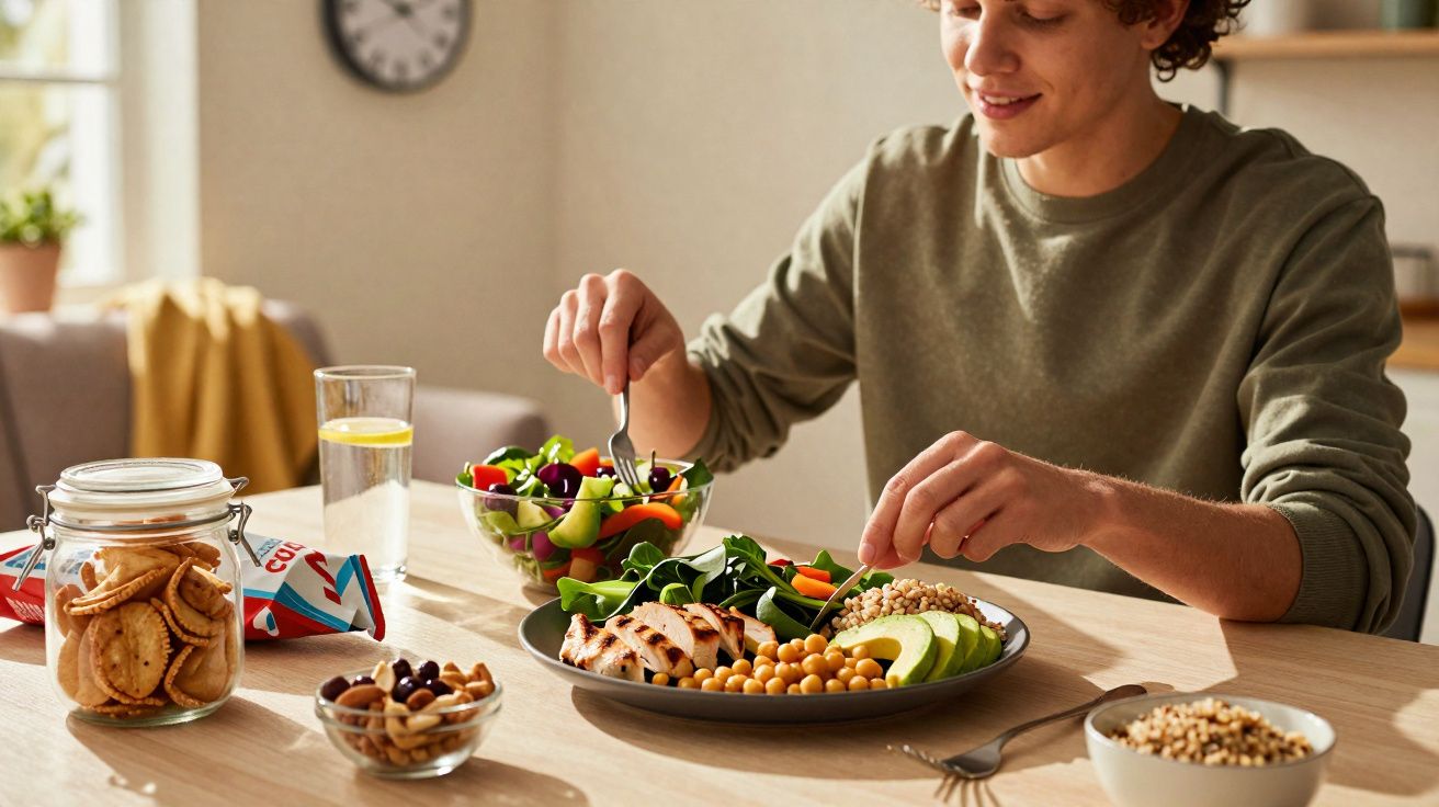 Jovem se alimentando com prato de legumes, grãos, frutas e salada em mesa de madeira clara.