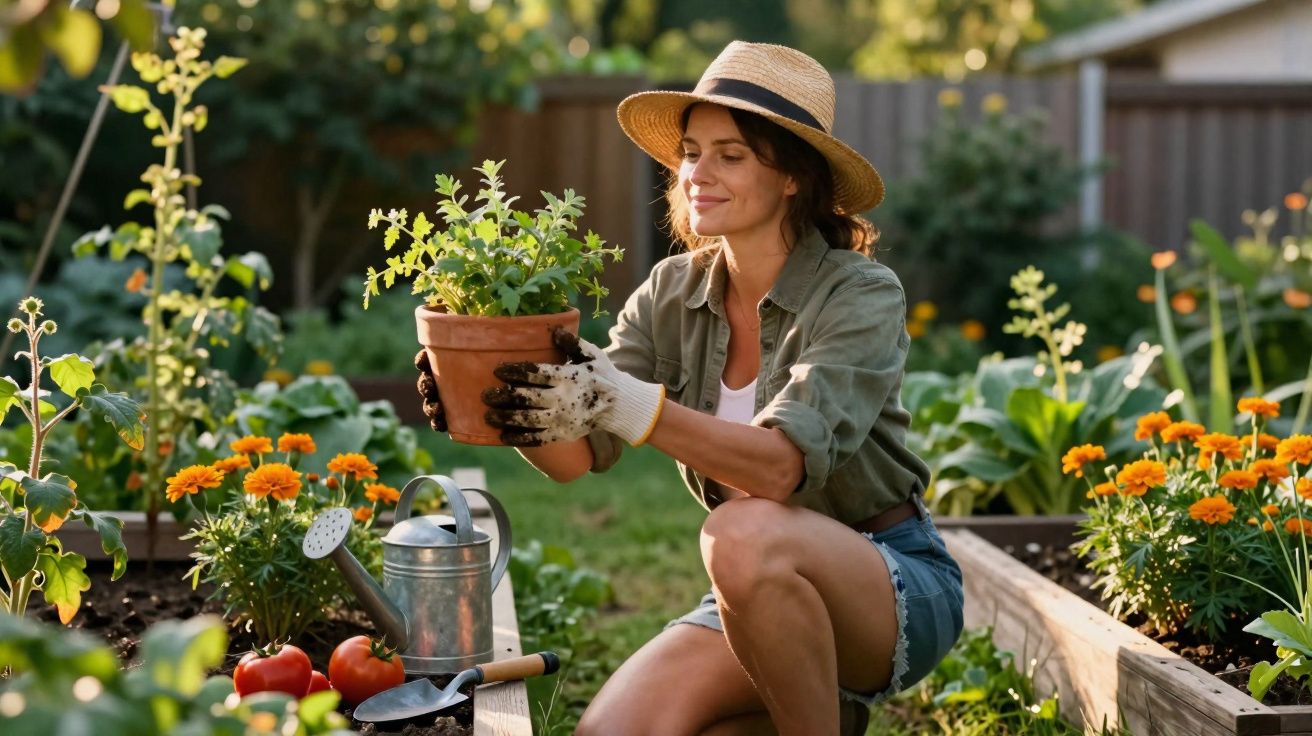 Mulher com chapéu cuidando de plantas em vaso num jardim florido ao ar livre durante o dia.