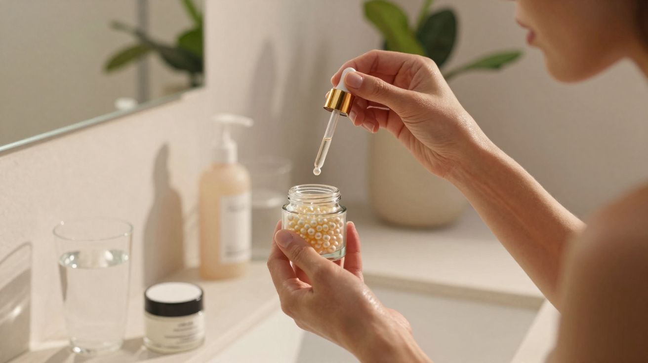 Pessoa segurando frasco de vidro com pérolas cosméticas e conta-gotas em banheiro.