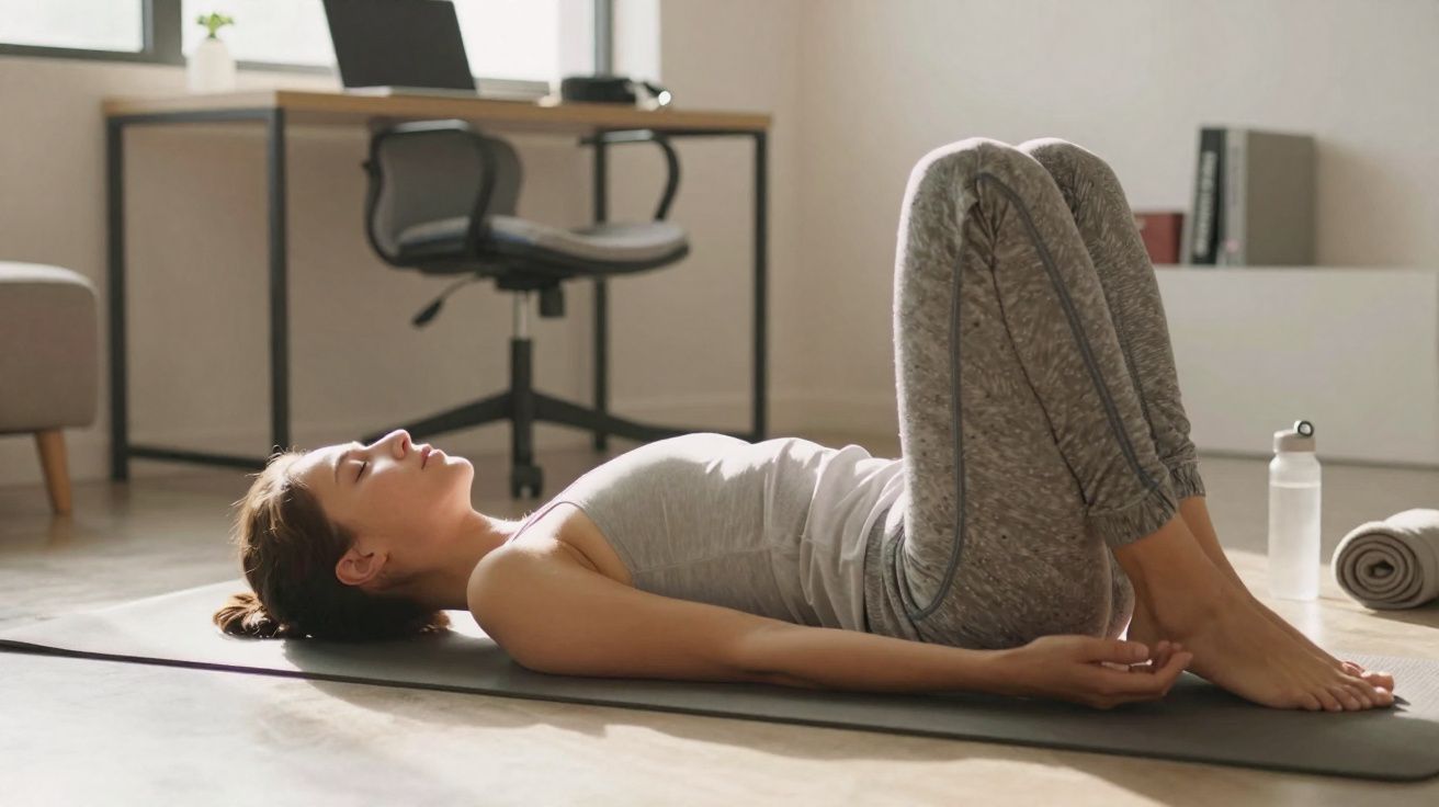 Mulher deitada em um tapete de yoga em posição relaxada, em ambiente interno com móveis ao fundo.