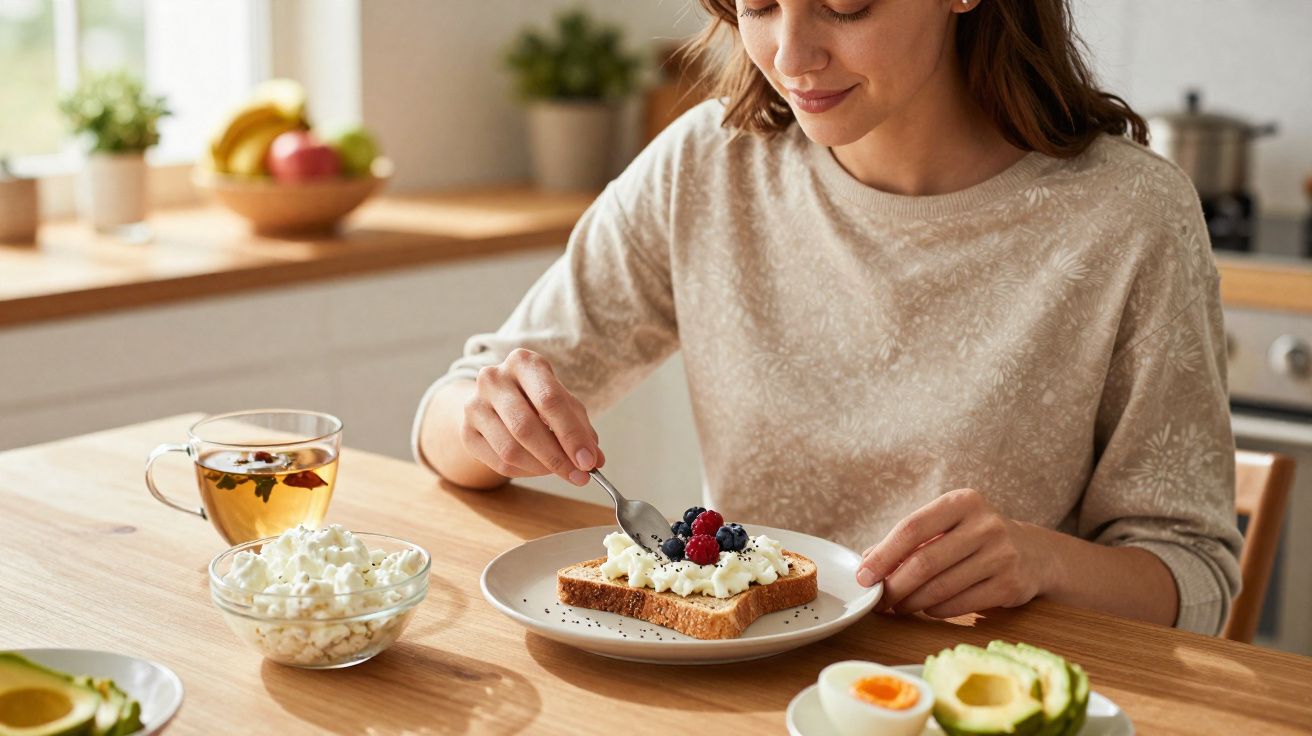 Mulher preparando torrada com cream cheese e frutas vermelhas em cozinha iluminada natural.