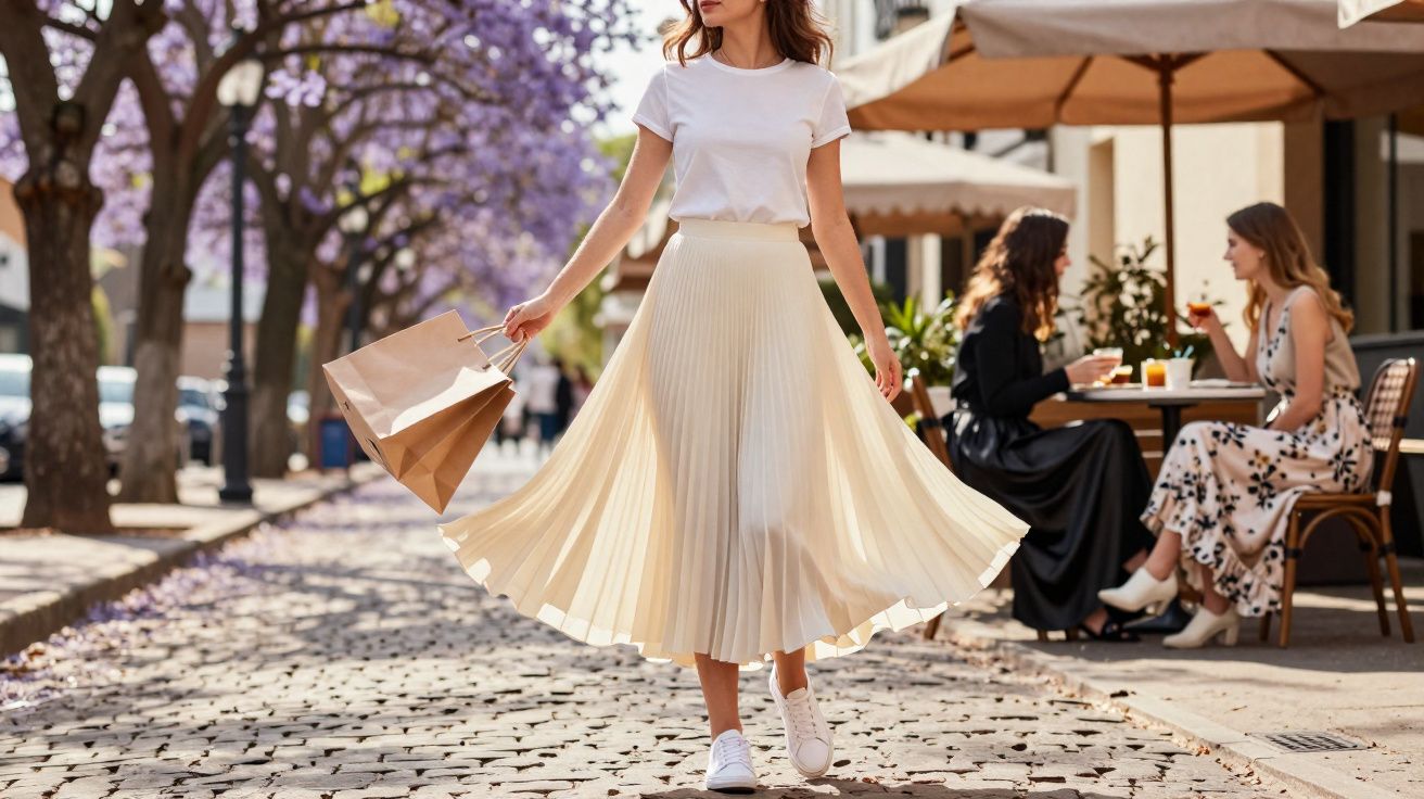 Mulher andando na rua com saia plissada clara, camiseta branca e sacola de papel, com árvores floridas ao fundo.