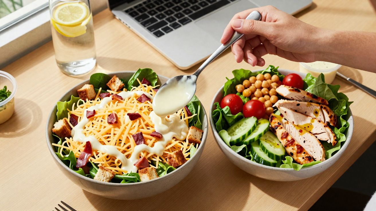 Duas tigelas com saladas variadas, uma com queijo, croutons e molho, outra com frango grelhado, tomate e grão-de-bico.