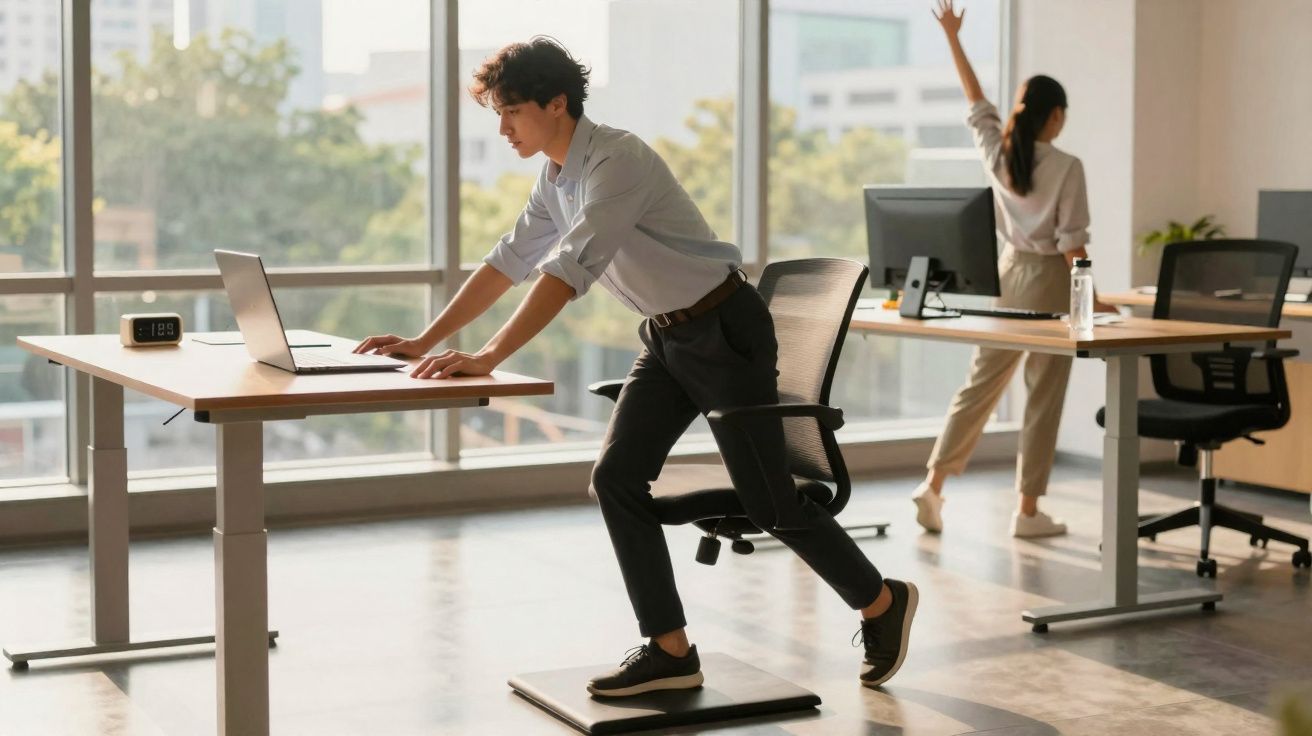 Homem se exercita usando equipamento ergonômico em escritório com mulher alongando ao fundo.