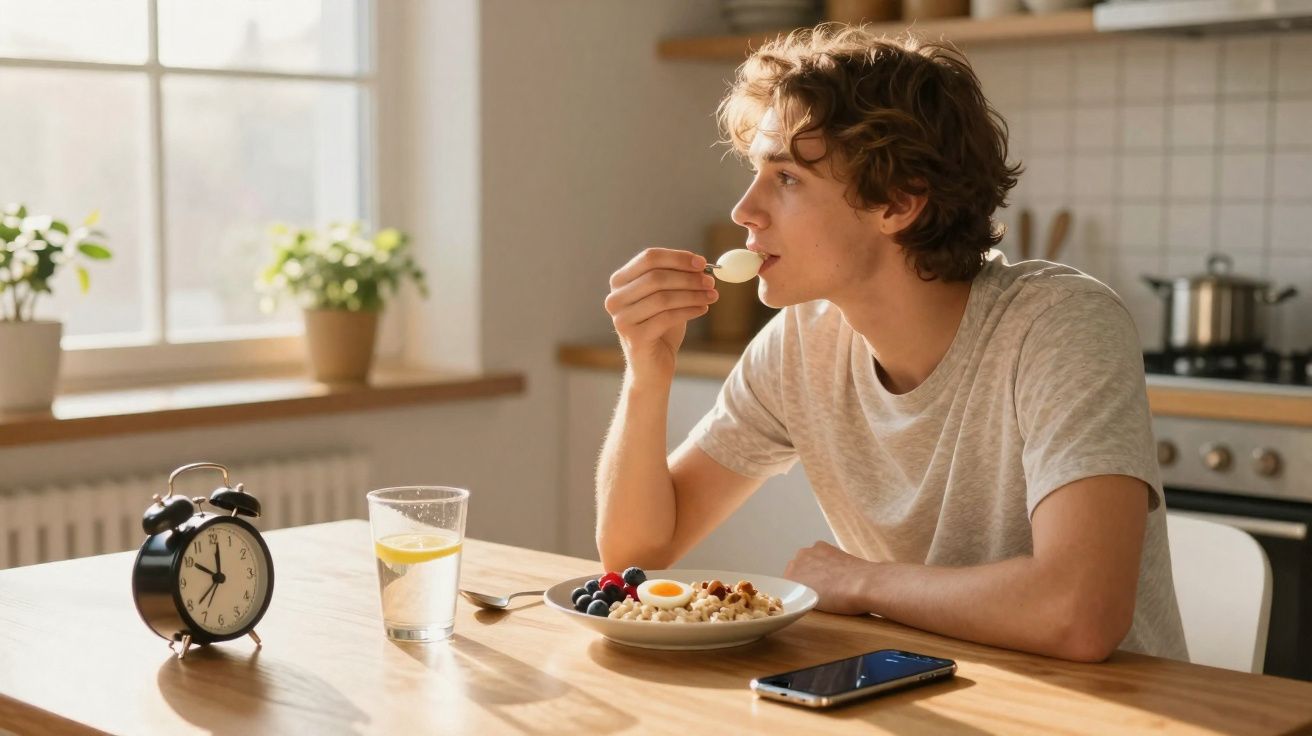 Jovem sentado à mesa tomando café da manhã com ovos, frutas e copo de água em ambiente iluminado pela manhã.