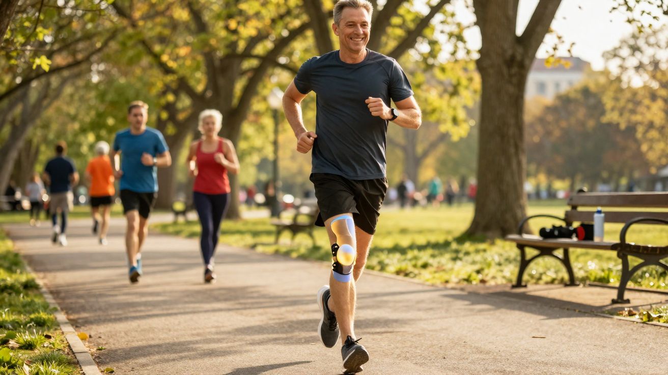 Homem sorrindo corre em parque com faixa azul no joelho, outras pessoas correm ao fundo.