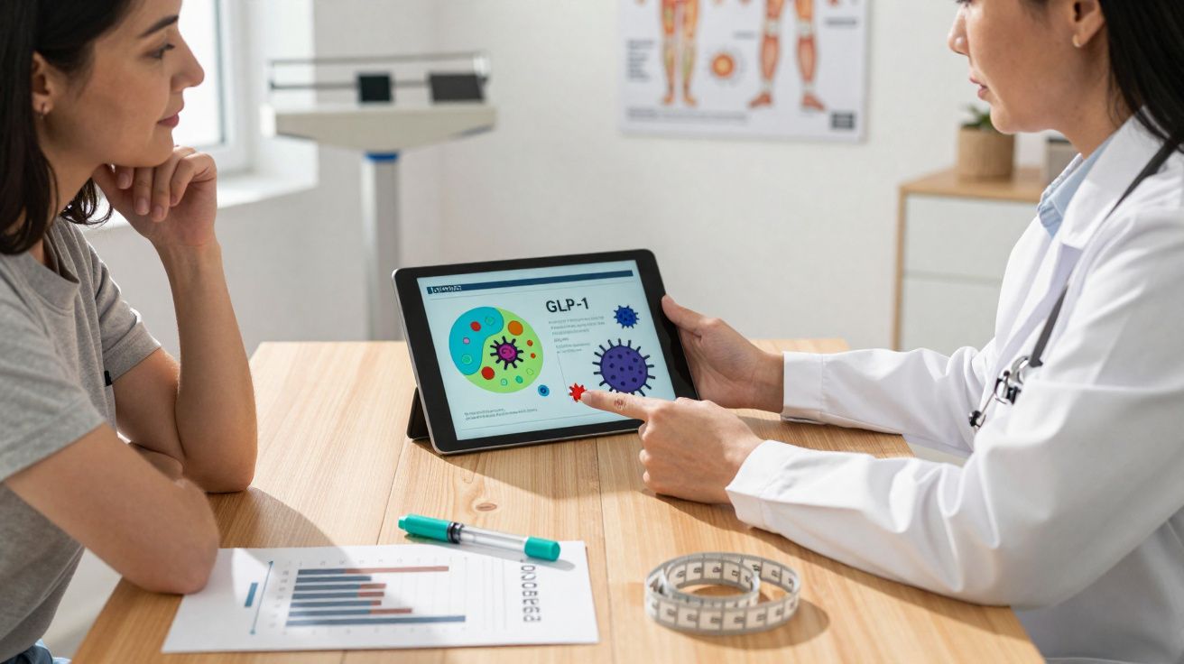 Médica explicando sobre GLP-1 em tablet para paciente, com gráfico e fita métrica na mesa.