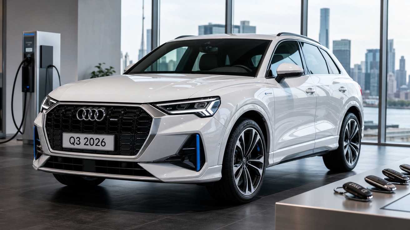 Audi Q3 branco 2026 estacionado em showroom com grandes janelas e vista da cidade ao fundo.