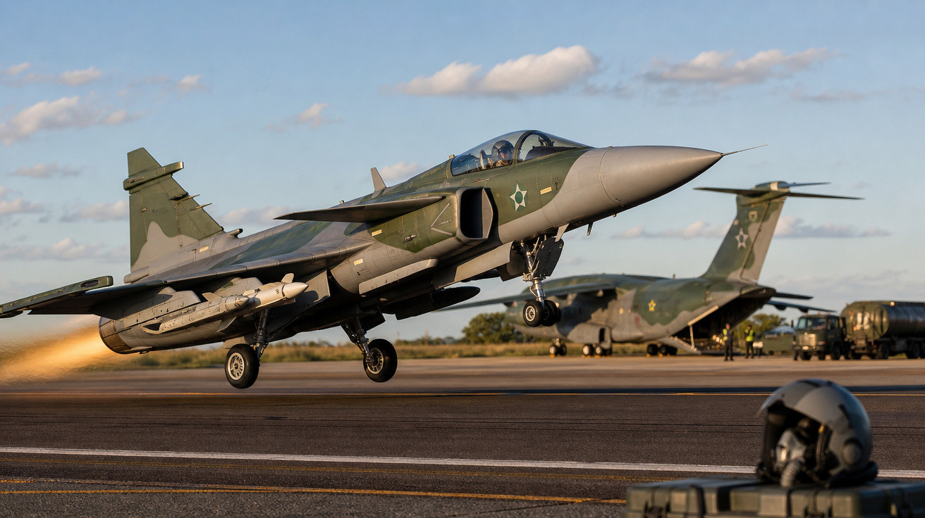 Caça militar verde decolando com aeronave e soldados ao fundo em pista de aeroporto.