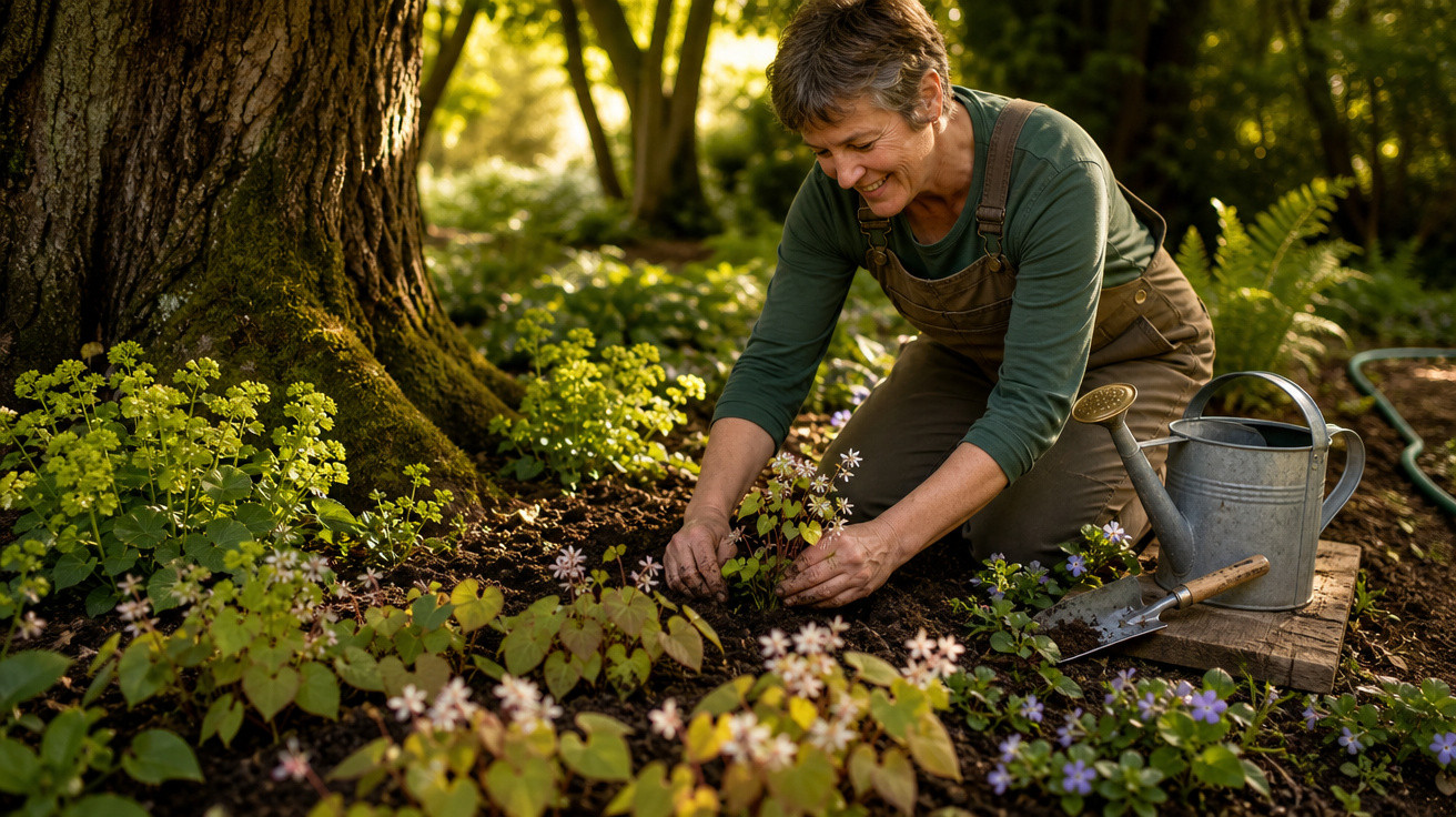 Mulher sorridente cuidando de flores em jardim, com regador e pá ao lado, em ambiente ensolarado.
